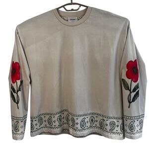 FOUND Poppy Floral Sleeve Paisley Border Long Sleeve Top – Size Medium Boho Folk